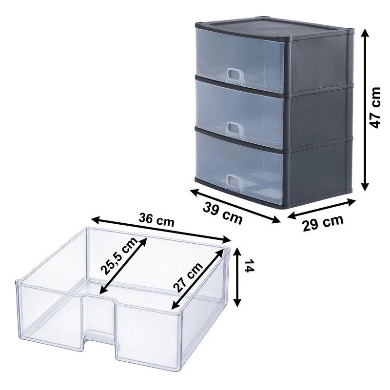 Schubladenbox 39x29 cm schwarz-transparent Drawer Tower - Schubladenbox Kunststoff Drawer Tower Box Organizer für Schreibtisch Easy-Pull-System