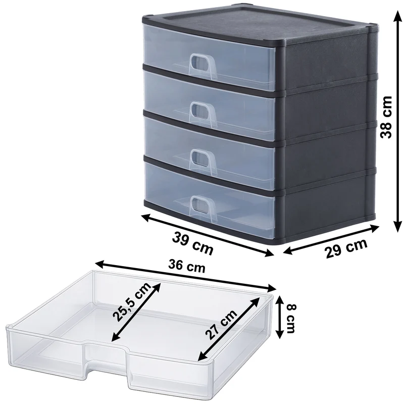 Schubladenbox 39x29 cm schwarz-transparent Drawer Tower - Schubladenbox Kunststoff Drawer Tower Box Organizer für Schreibtisch Easy-Pull-System