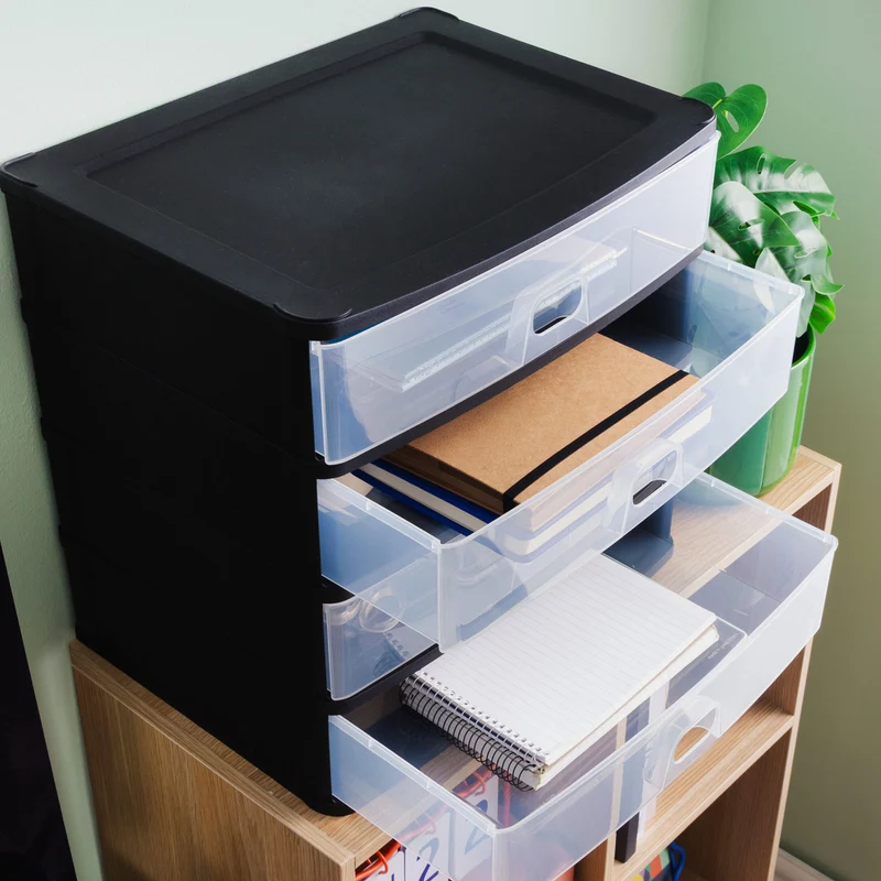 Schubladenbox 39x29 cm schwarz-transparent Drawer Tower - Schubladenbox Kunststoff Drawer Tower Box Organizer für Schreibtisch Easy-Pull-System