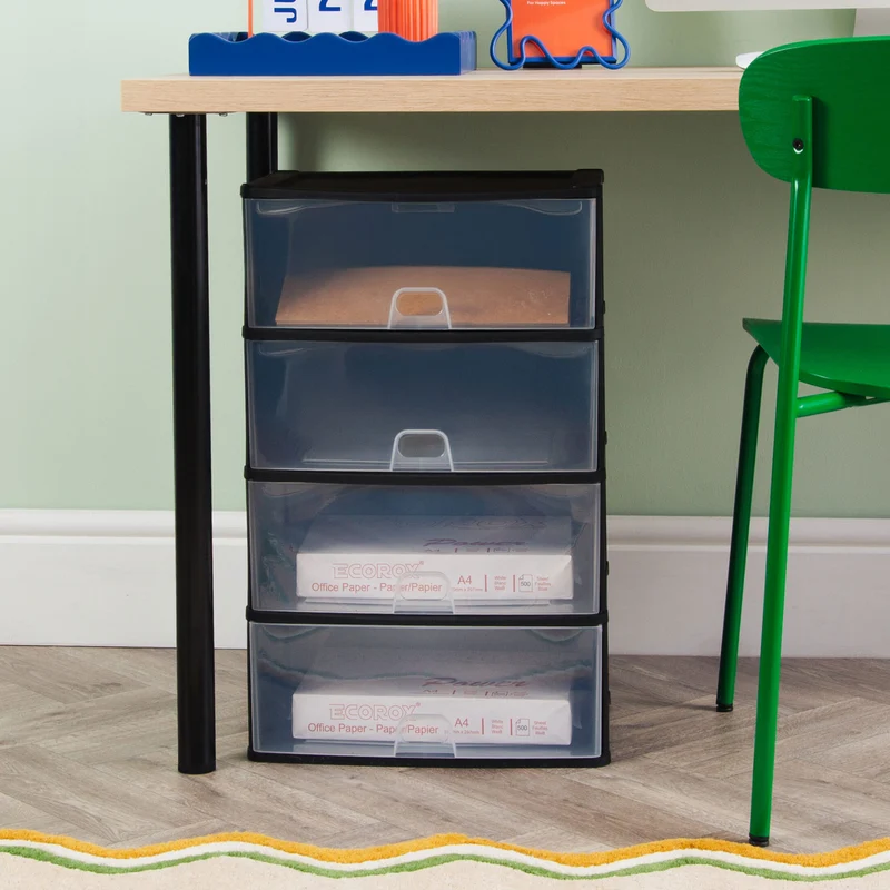 Schubladenbox 39x29 cm schwarz-transparent Drawer Tower - Schubladenbox Kunststoff Drawer Tower Box Organizer für Schreibtisch Easy-Pull-System