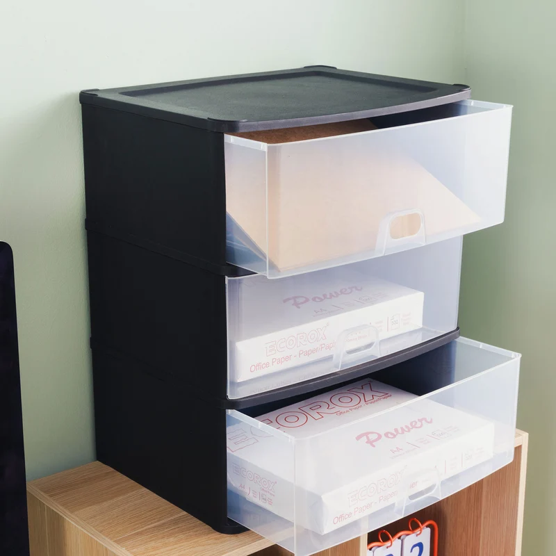 Schubladenbox 39x29 cm schwarz-transparent Drawer Tower - Schubladenbox Kunststoff Drawer Tower Box Organizer für Schreibtisch Easy-Pull-System