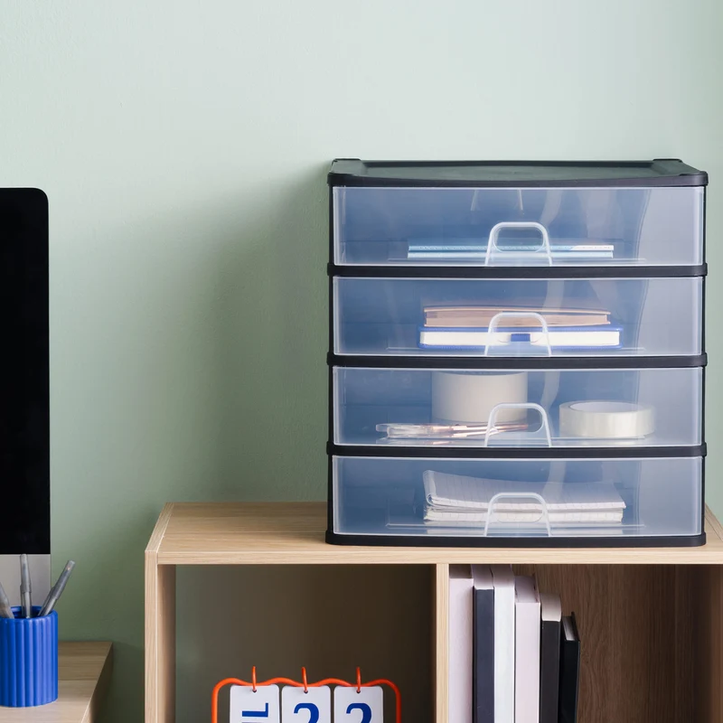 Schubladenbox 39x29 cm schwarz-transparent Drawer Tower - Schubladenbox Kunststoff Drawer Tower Box Organizer für Schreibtisch Easy-Pull-System