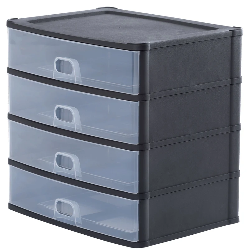 Schubladenbox 39x29 cm schwarz-transparent Drawer Tower - Schubladenbox Kunststoff Drawer Tower Box Organizer für Schreibtisch Easy-Pull-System