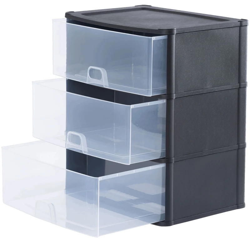 Schubladenbox 39x29 cm schwarz-transparent Drawer Tower - Schubladenbox Kunststoff Drawer Tower Box Organizer für Schreibtisch Easy-Pull-System