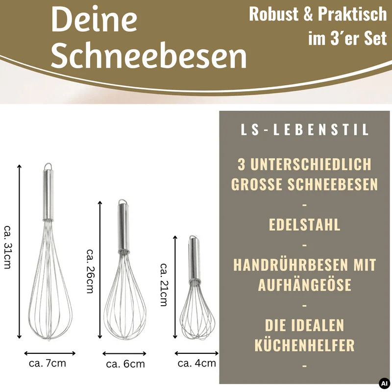 Edelstahl Schneebesen 3´er Set 21cm 26cm 31cm Rührbesen mit Aufhängeösen