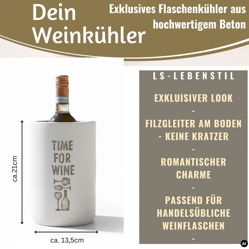 Beton Weinkühler 21x13 cm Shabby Grau Spruch Time for Wein Flaschenkühler Sektkühler