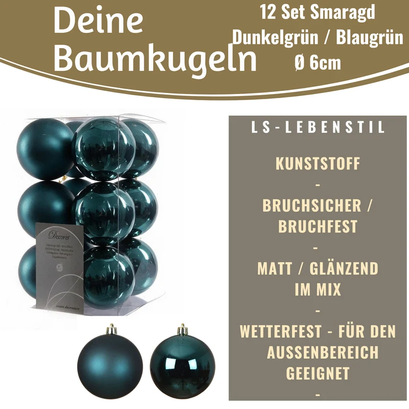12 Design Weihnachtskugeln 6cm Smaragd Set Kunststoff Weihnachtsbaum-Deko
