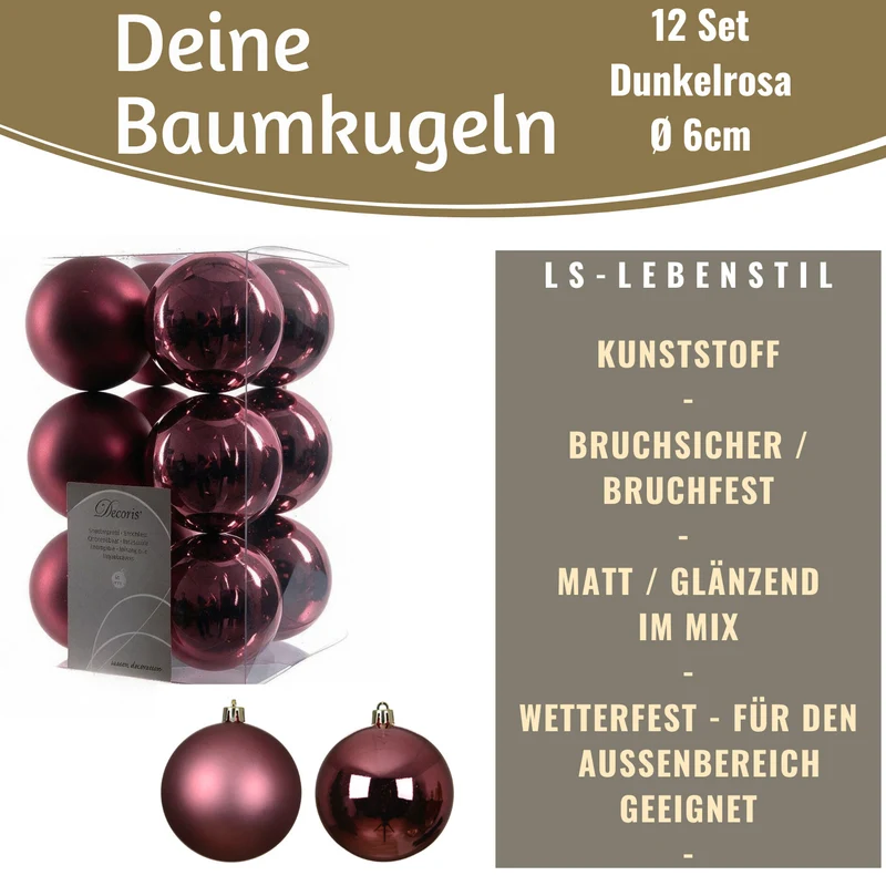12 Design Weihnachtskugeln 6cm Dunkelrosa Set Kunststoff Weihnachtsbaum-Deko
