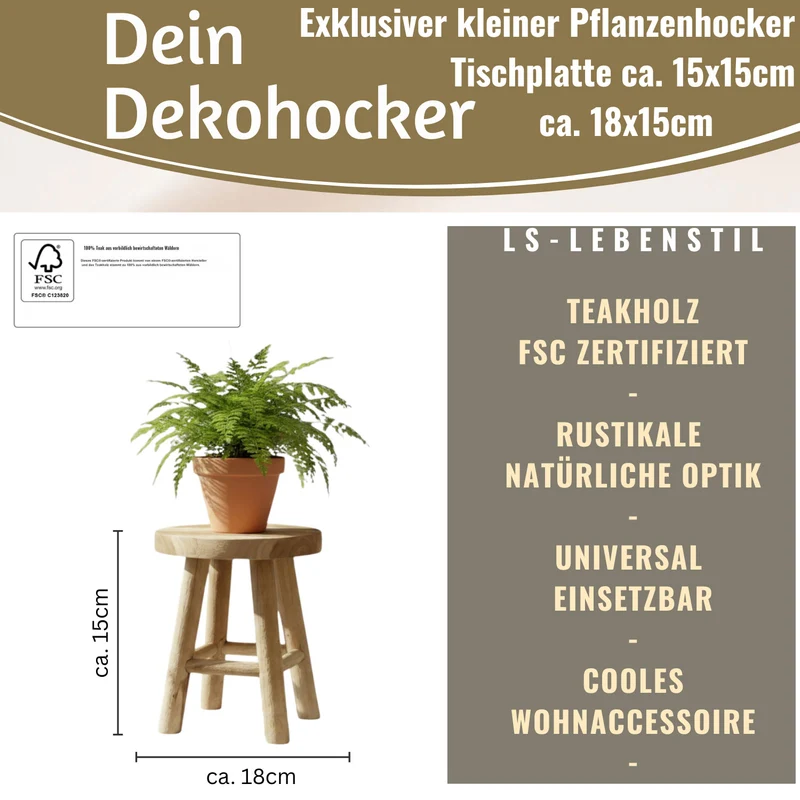 Pflanzenhocker Teak Holz 18x15cm Mini Tisch Rund Deko Hocker Blumenständer