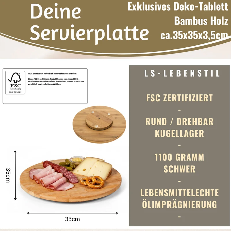 XL Holz Servierplatte Drehteller 35cm Bambus drehbar Drehtablett Drehplatte