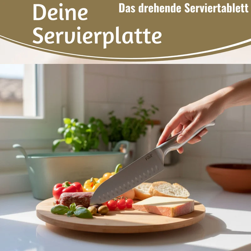 XL Holz Servierplatte Drehteller 35cm Bambus drehbar Drehtablett Drehplatte