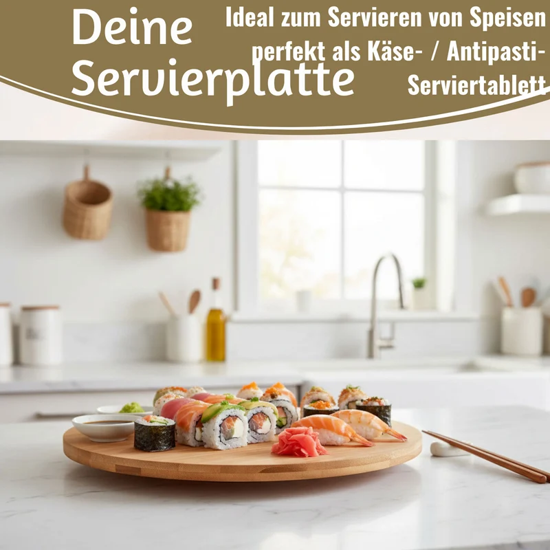 XL Holz Servierplatte Drehteller 35cm Bambus drehbar Drehtablett Drehplatte