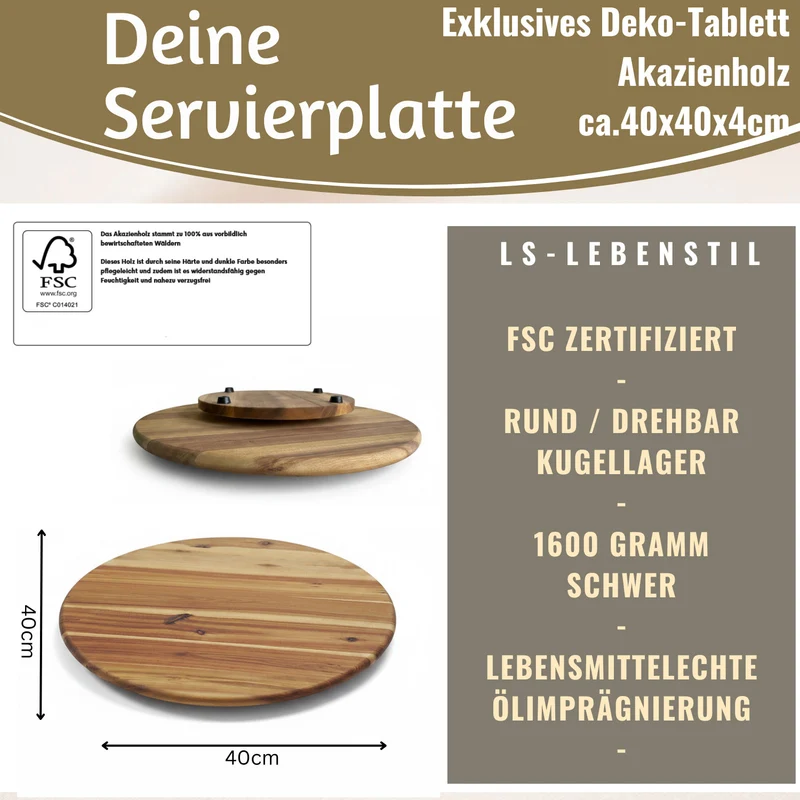 XXL Akazie Servierplatte Drehteller 40cm Holz drehbar Drehtablett Drehplatte