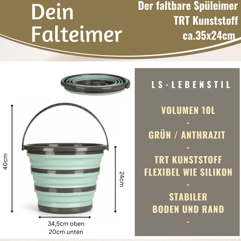 Flexibler Putzeimer 10L 35x24cm faltbar Grün mit Griff Falteimer Wassereimer Camping