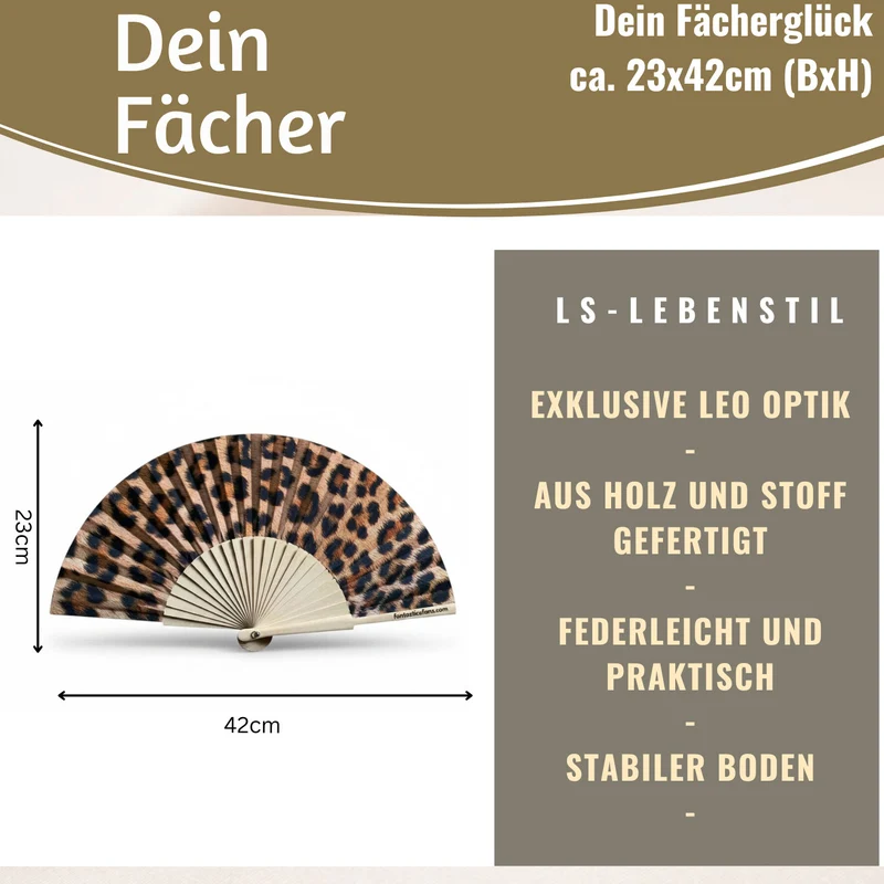 Handfächer Holz Stoff Fächer "Leopardenmuster" Leo faltbar Faltfächer