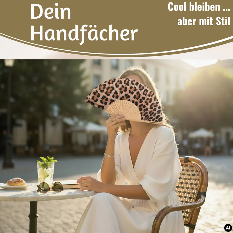Handfächer Holz Stoff Fächer "Leopardenmuster" Leo faltbar Faltfächer