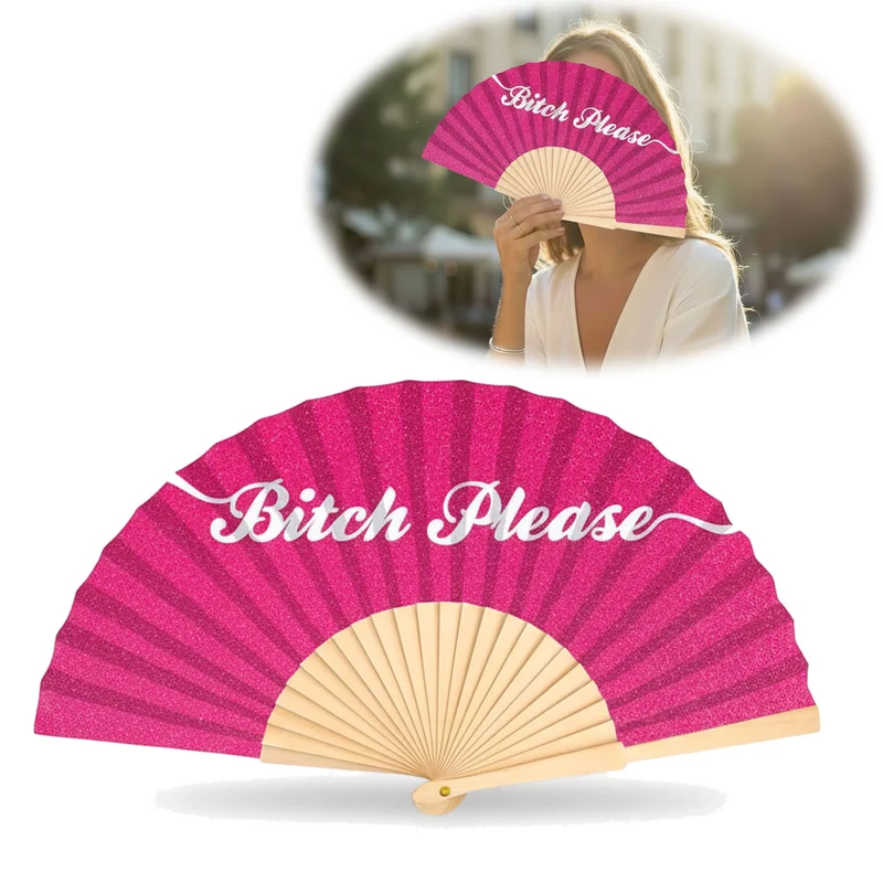 Handfächer Holz Stoff Fächer "Bitch Please" Pink Weiß Glitzer faltbar Faltfächer