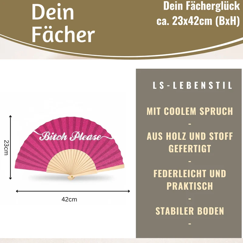 Handfächer Holz Stoff Fächer "Bitch Please" Pink Weiß Glitzer faltbar Faltfächer