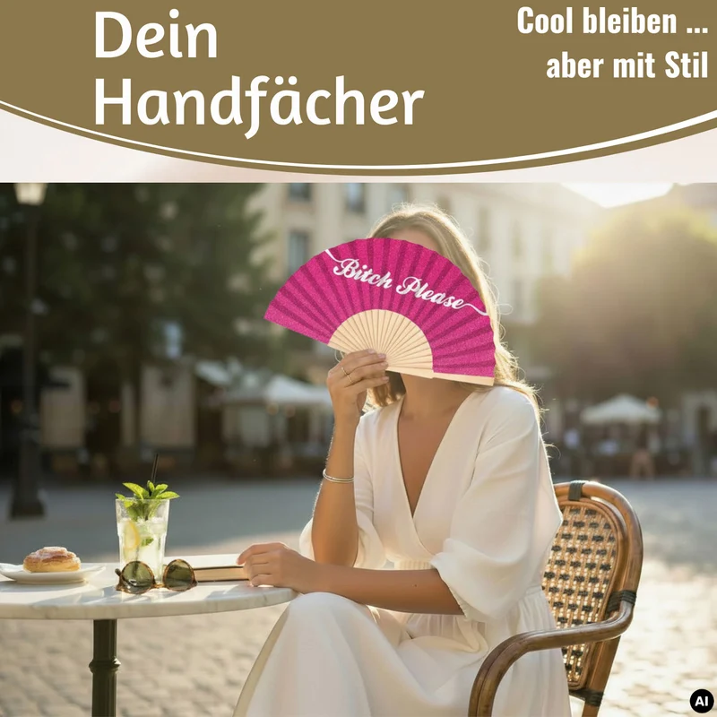 Handfächer Holz Stoff Fächer "Bitch Please" Pink Weiß Glitzer faltbar Faltfächer