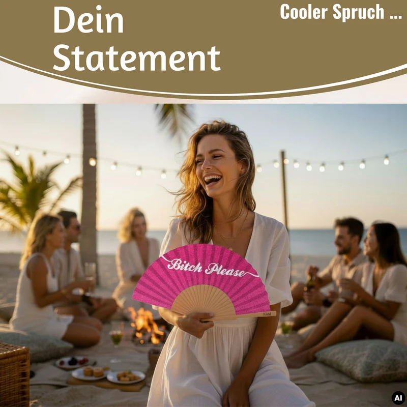 Handfächer Holz Stoff Fächer "Bitch Please" Pink Weiß Glitzer faltbar Faltfächer