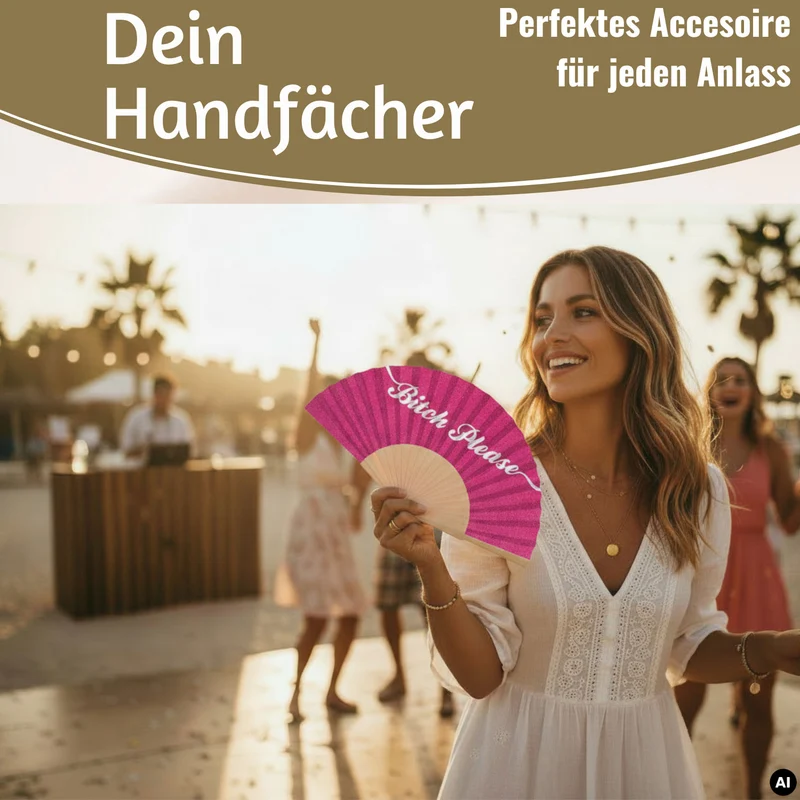 Handfächer Holz Stoff Fächer "Bitch Please" Pink Weiß Glitzer faltbar Faltfächer