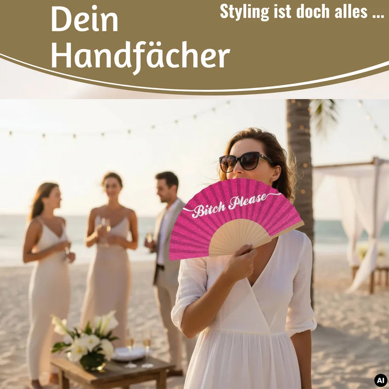 Handfächer Holz Stoff Fächer "Bitch Please" Pink Weiß Glitzer faltbar Faltfächer