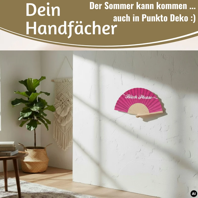 Handfächer Holz Stoff Fächer "Bitch Please" Pink Weiß Glitzer faltbar Faltfächer