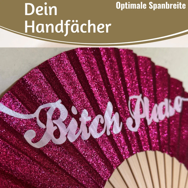 Handfächer Holz Stoff Fächer "Bitch Please" Pink Weiß Glitzer faltbar Faltfächer