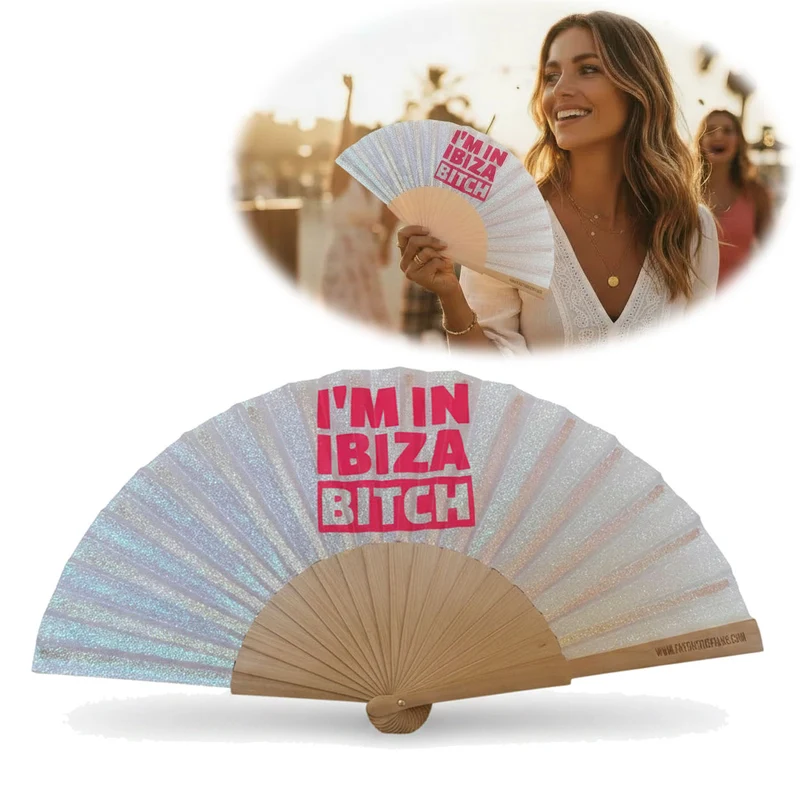 Handfächer Holz Stoff Fächer "Ibiza Bitch" Weiß Silber Glitzer faltbar Faltfächer