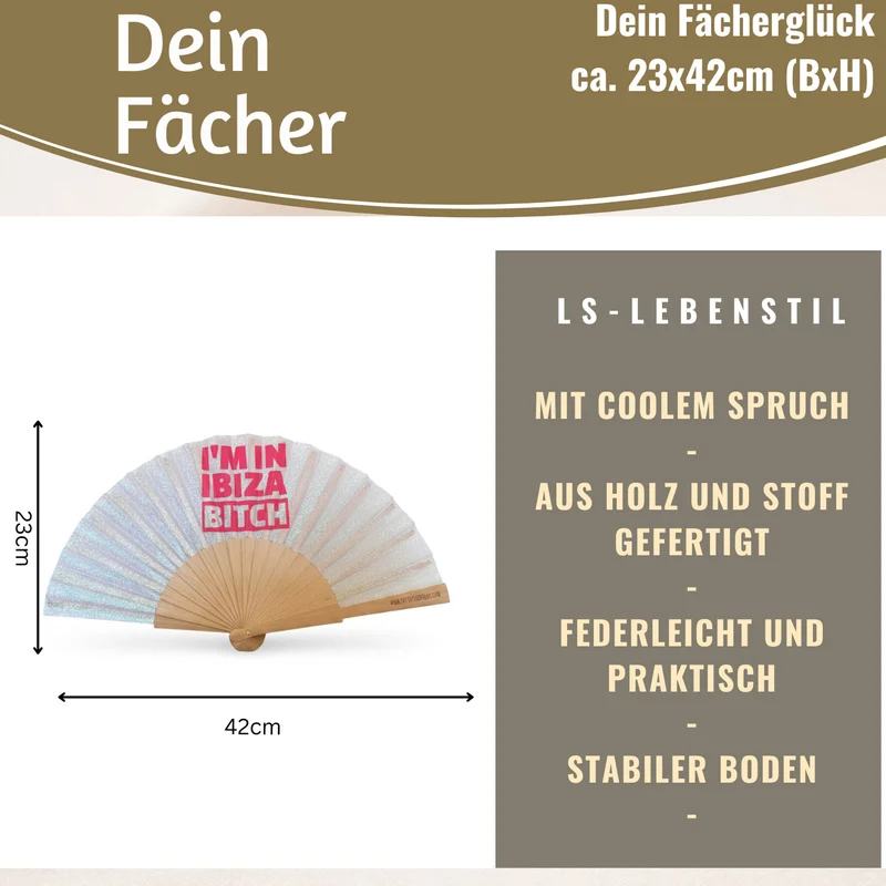 Handfächer Holz Stoff Fächer "Ibiza Bitch" Weiß Silber Glitzer faltbar Faltfächer
