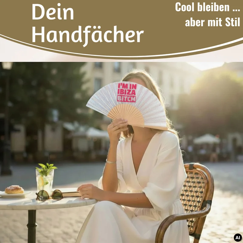Handfächer Holz Stoff Fächer "Ibiza Bitch" Weiß Silber Glitzer faltbar Faltfächer