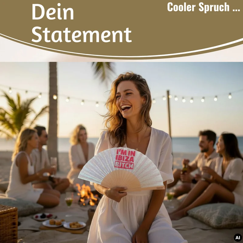 Handfächer Holz Stoff Fächer "Ibiza Bitch" Weiß Silber Glitzer faltbar Faltfächer