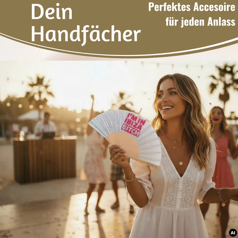 Handfächer Holz Stoff Fächer "Ibiza Bitch" Weiß Silber Glitzer faltbar Faltfächer