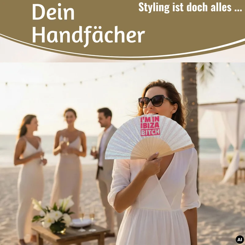 Handfächer Holz Stoff Fächer "Ibiza Bitch" Weiß Silber Glitzer faltbar Faltfächer