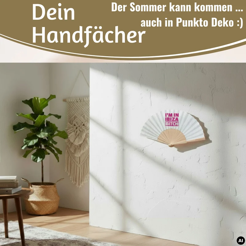 Handfächer Holz Stoff Fächer "Ibiza Bitch" Weiß Silber Glitzer faltbar Faltfächer