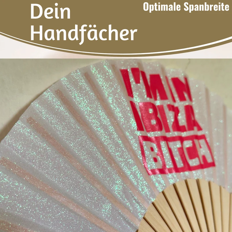 Handfächer Holz Stoff Fächer "Ibiza Bitch" Weiß Silber Glitzer faltbar Faltfächer