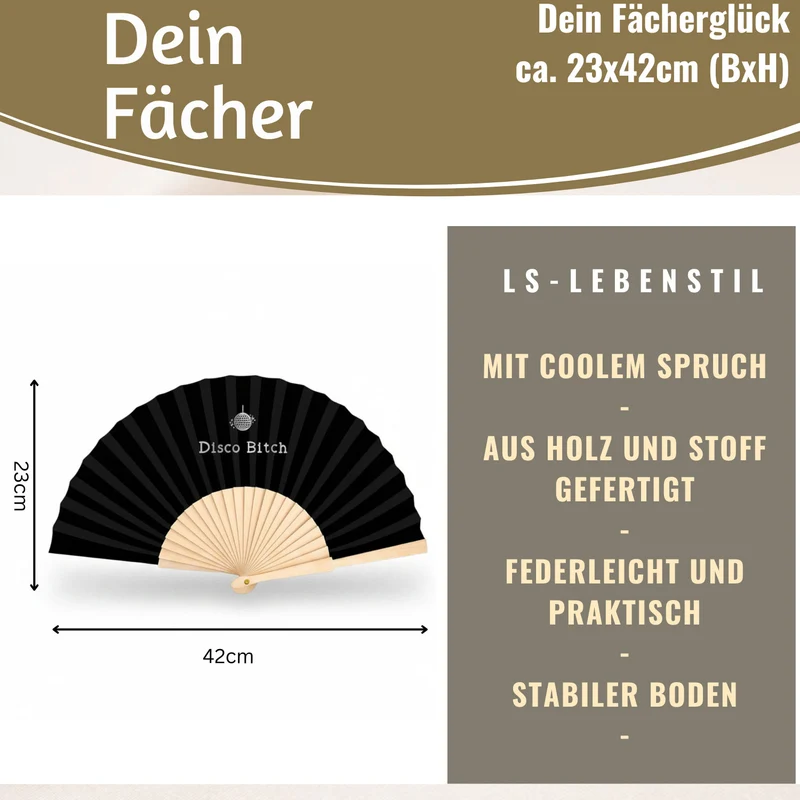Handfächer Holz Stoff Fächer "Disco Bitch" Schwarz Weiß faltbar Faltfächer