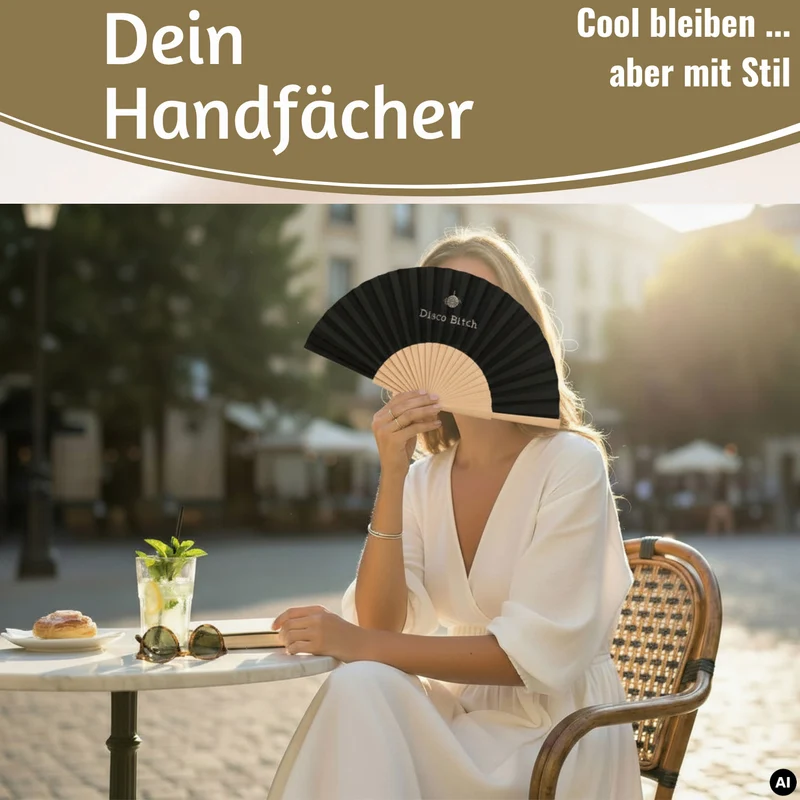 Handfächer Holz Stoff Fächer "Disco Bitch" Schwarz Weiß faltbar Faltfächer