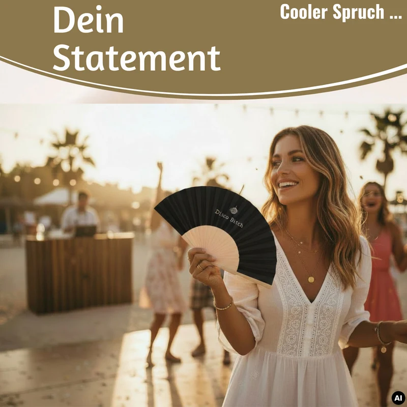 Handfächer Holz Stoff Fächer "Disco Bitch" Schwarz Weiß faltbar Faltfächer