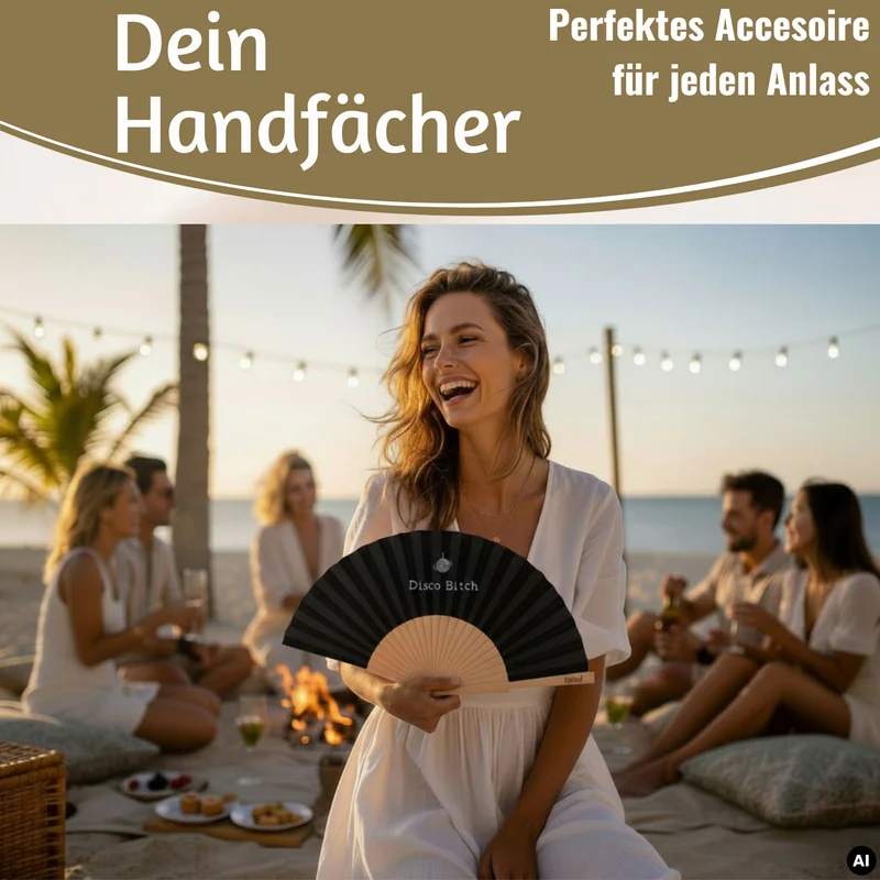 Handfächer Holz Stoff Fächer "Disco Bitch" Schwarz Weiß faltbar Faltfächer