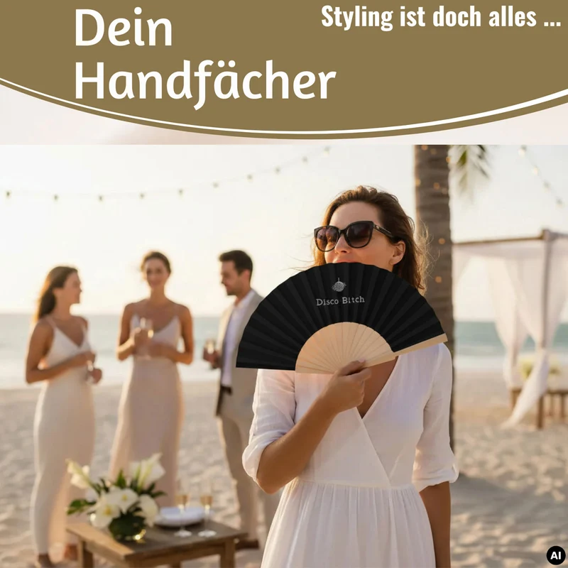 Handfächer Holz Stoff Fächer "Disco Bitch" Schwarz Weiß faltbar Faltfächer