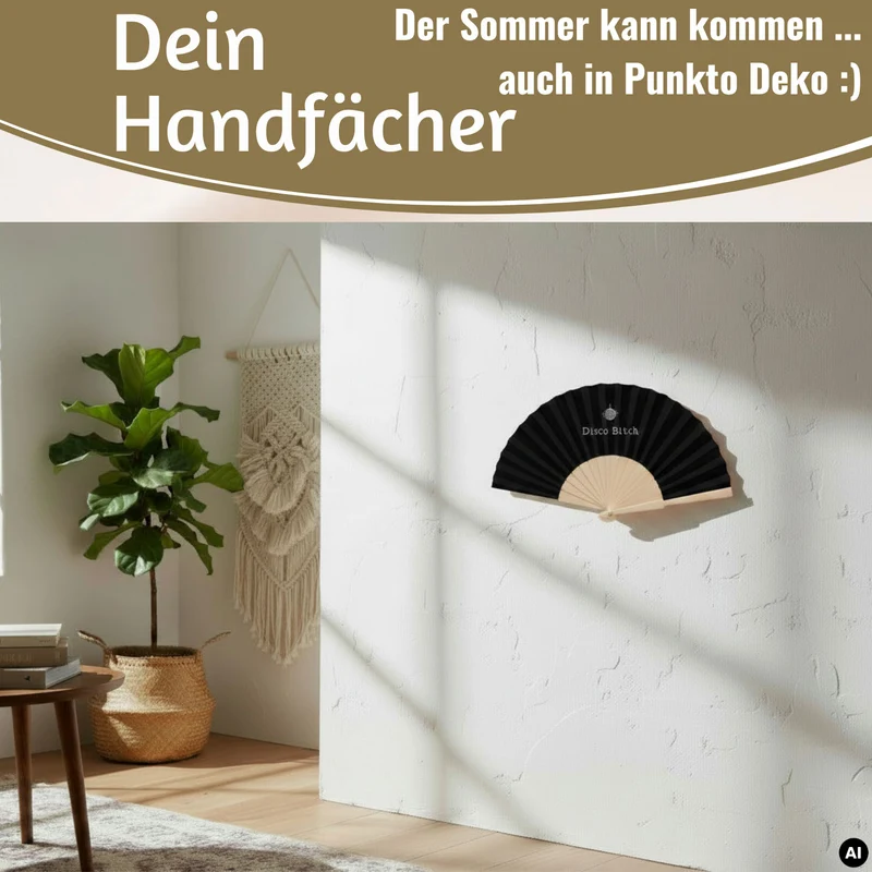 Handfächer Holz Stoff Fächer "Disco Bitch" Schwarz Weiß faltbar Faltfächer