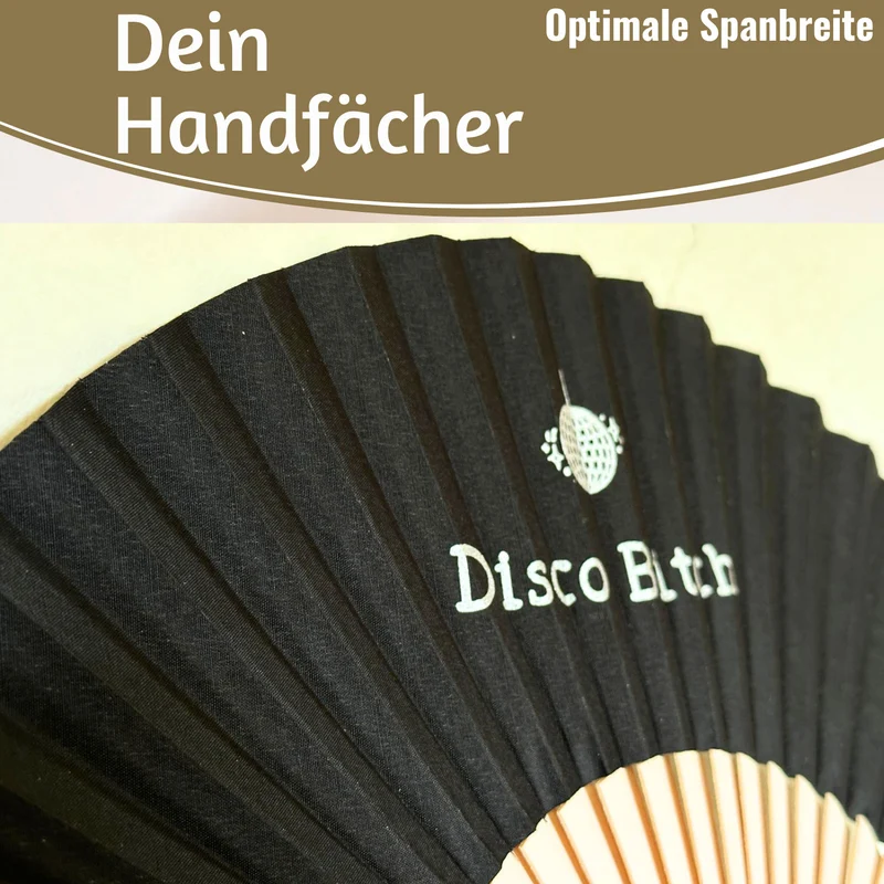 Handfächer Holz Stoff Fächer "Disco Bitch" Schwarz Weiß faltbar Faltfächer