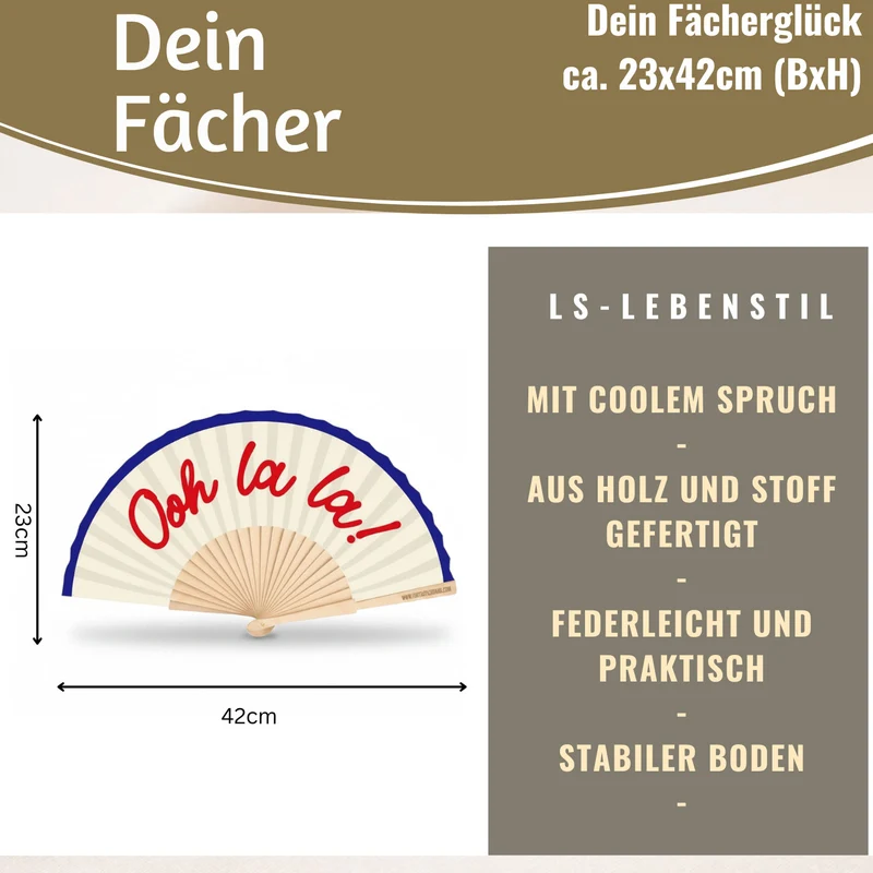 Handfächer Holz Stoff Fächer "Ooh La La" Weiß Blau Rot faltbar Faltfächer