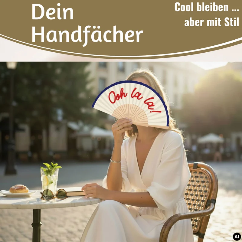 Handfächer Holz Stoff Fächer "Ooh La La" Weiß Blau Rot faltbar Faltfächer