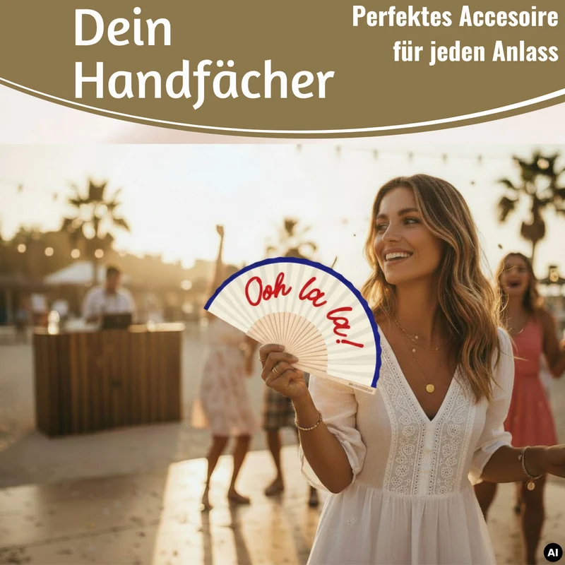 Handfächer Holz Stoff Fächer "Ooh La La" Weiß Blau Rot faltbar Faltfächer