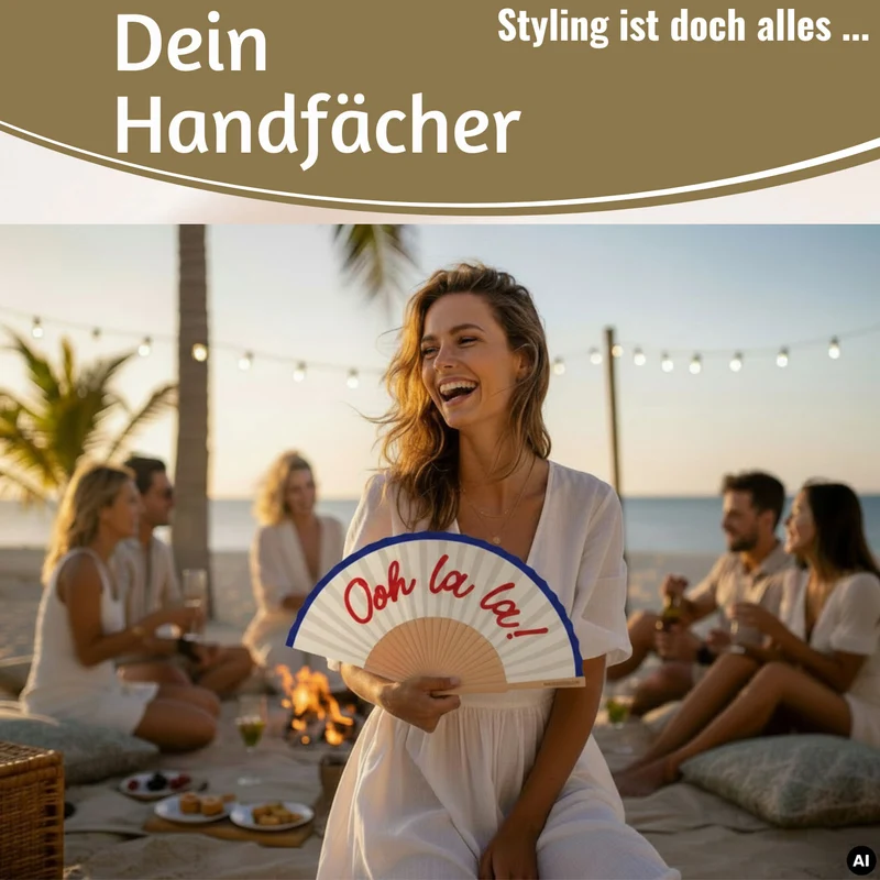 Handfächer Holz Stoff Fächer "Ooh La La" Weiß Blau Rot faltbar Faltfächer