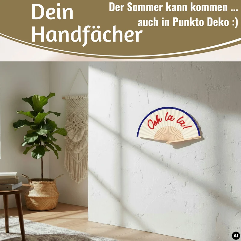 Handfächer Holz Stoff Fächer "Ooh La La" Weiß Blau Rot faltbar Faltfächer