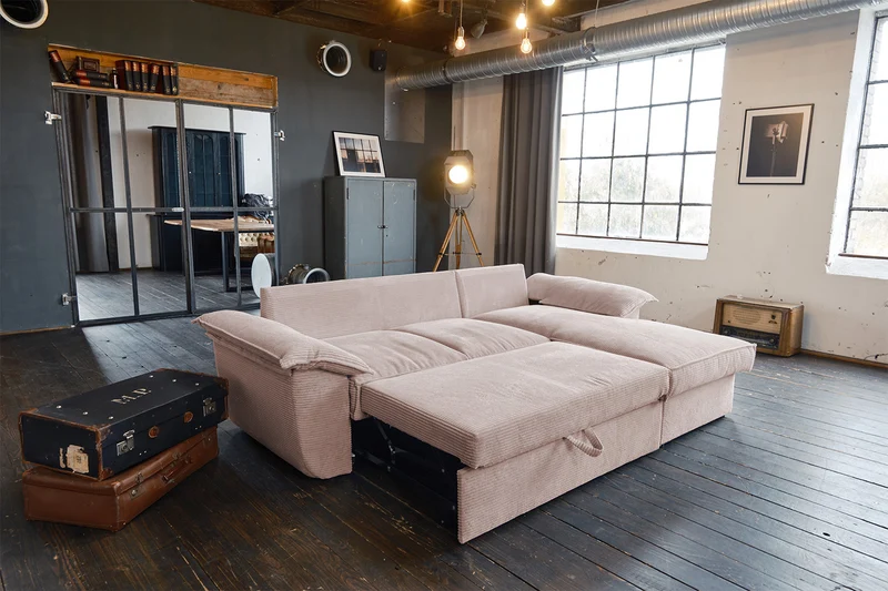 KAWOLA Sofa DAMETO Ecksofa Bettsofa Schlafsofa mit Stauraum Cord rosa