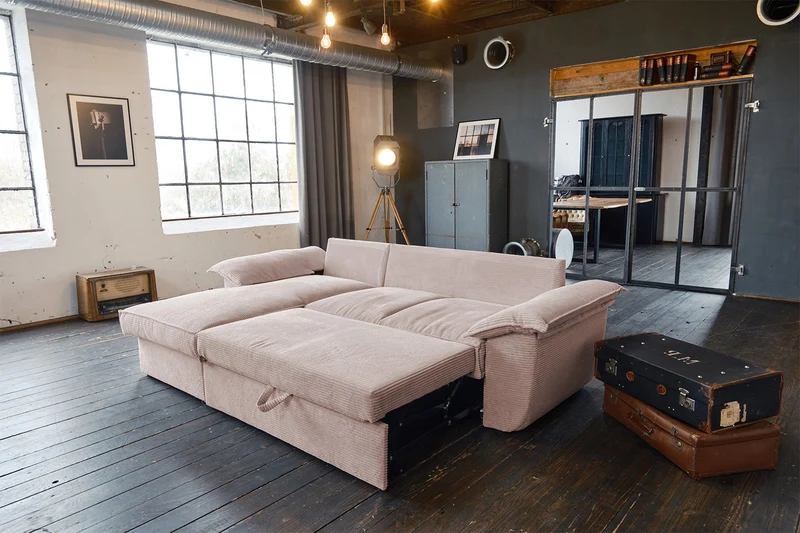 KAWOLA Sofa DAMETO Ecksofa Bettsofa Schlafsofa mit Stauraum Cord rosa